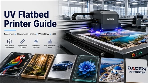 Guia de impressora plana UV: materiais, limites de espessura, fluxo de trabalho e ROI